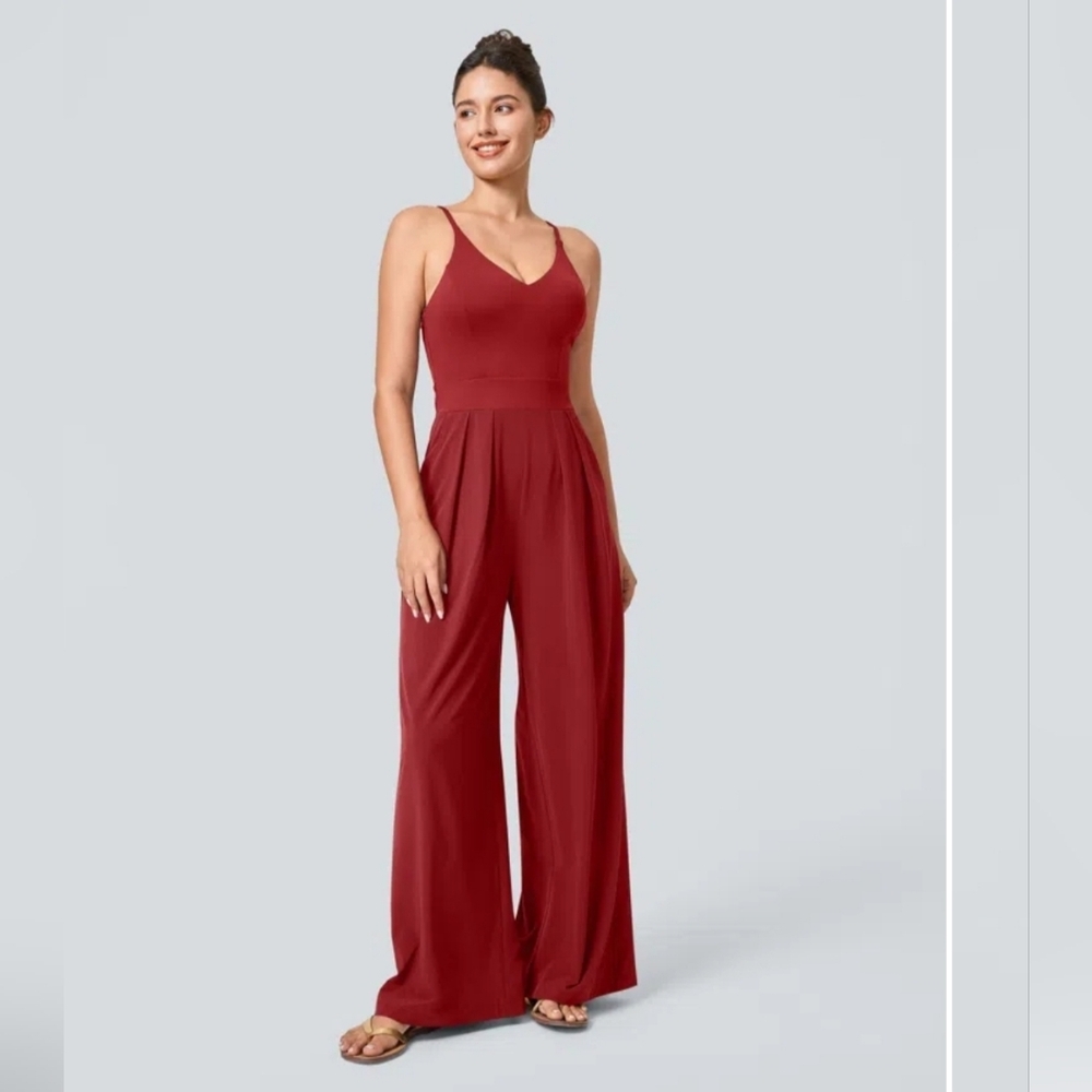 HALARA Women's V-Neck Wide-Leg Jumpsuit in Burgundy
